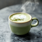 hot matcha latte recipe in a green ceramic mug with latte art and steam rising