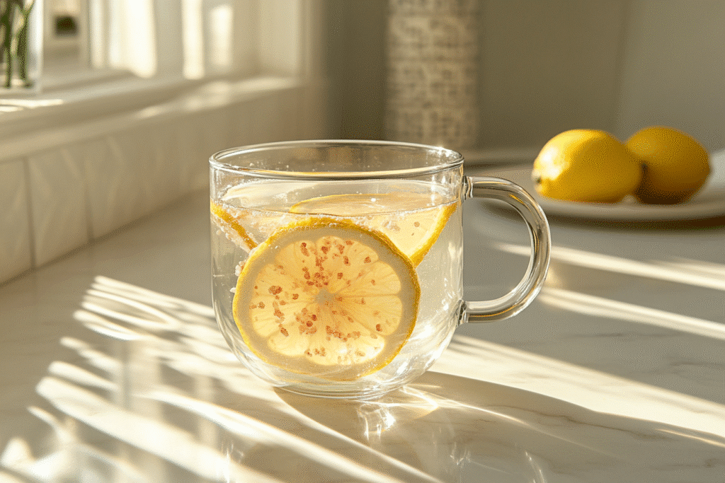 Japanese Mounjaro recipe in glass mug with lemon and pink salt