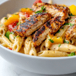 Jerk chicken pasta recipe with creamy sauce and colorful peppers