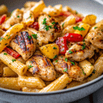 Recipe card image for jerk chicken pasta