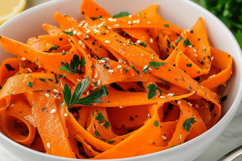 Vibrant carrot ribbon salad recipe in a white bowl