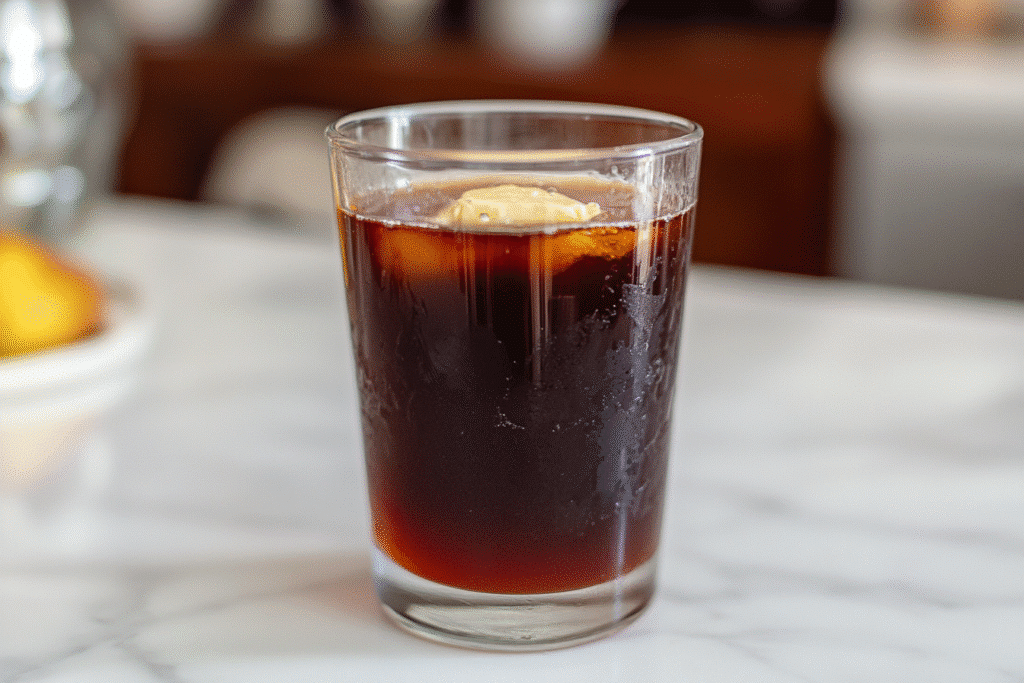 Warm prune juice and butter remedy in a mug