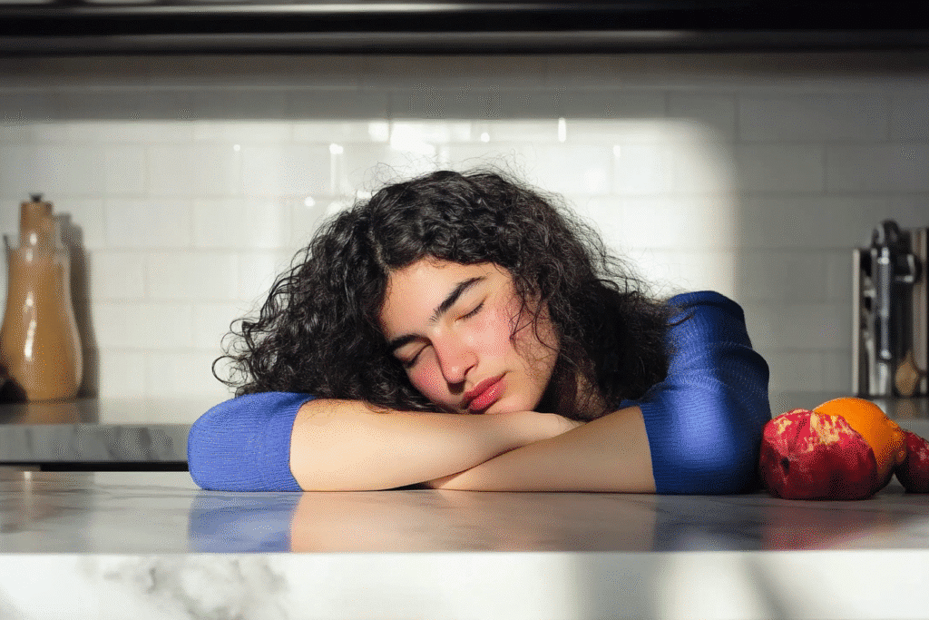 Woman experiencing Zepbound fatigue in kitchen