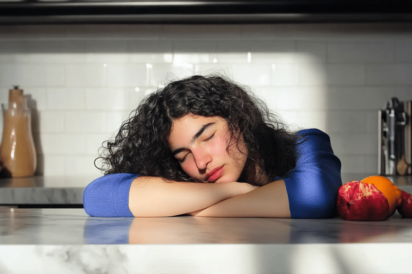 Woman experiencing Zepbound fatigue in kitchen