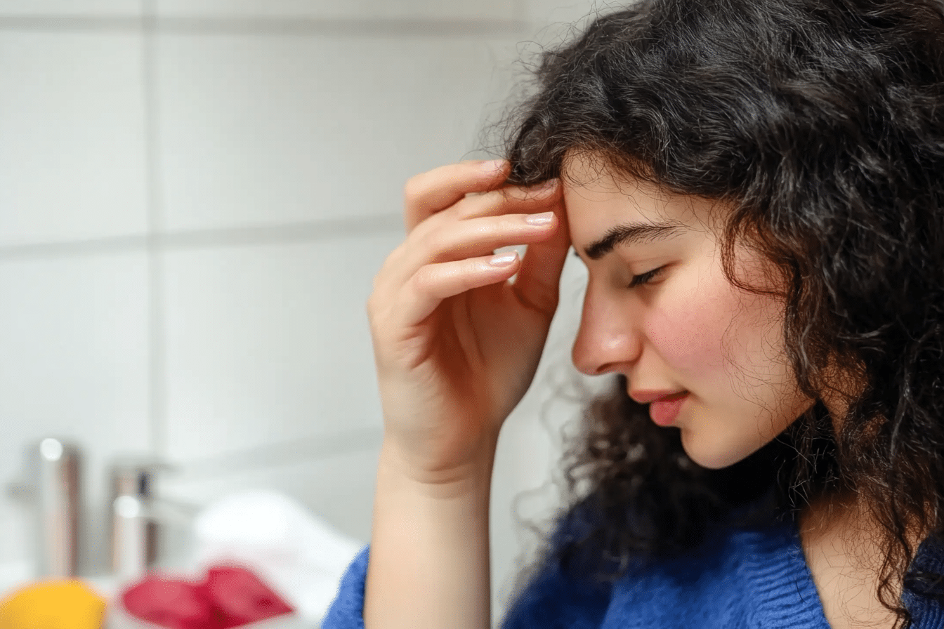 Woman experiencing zepbound hair loss gently touching thinning hair
