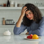 Woman experiencing Zepbound headache in kitchen