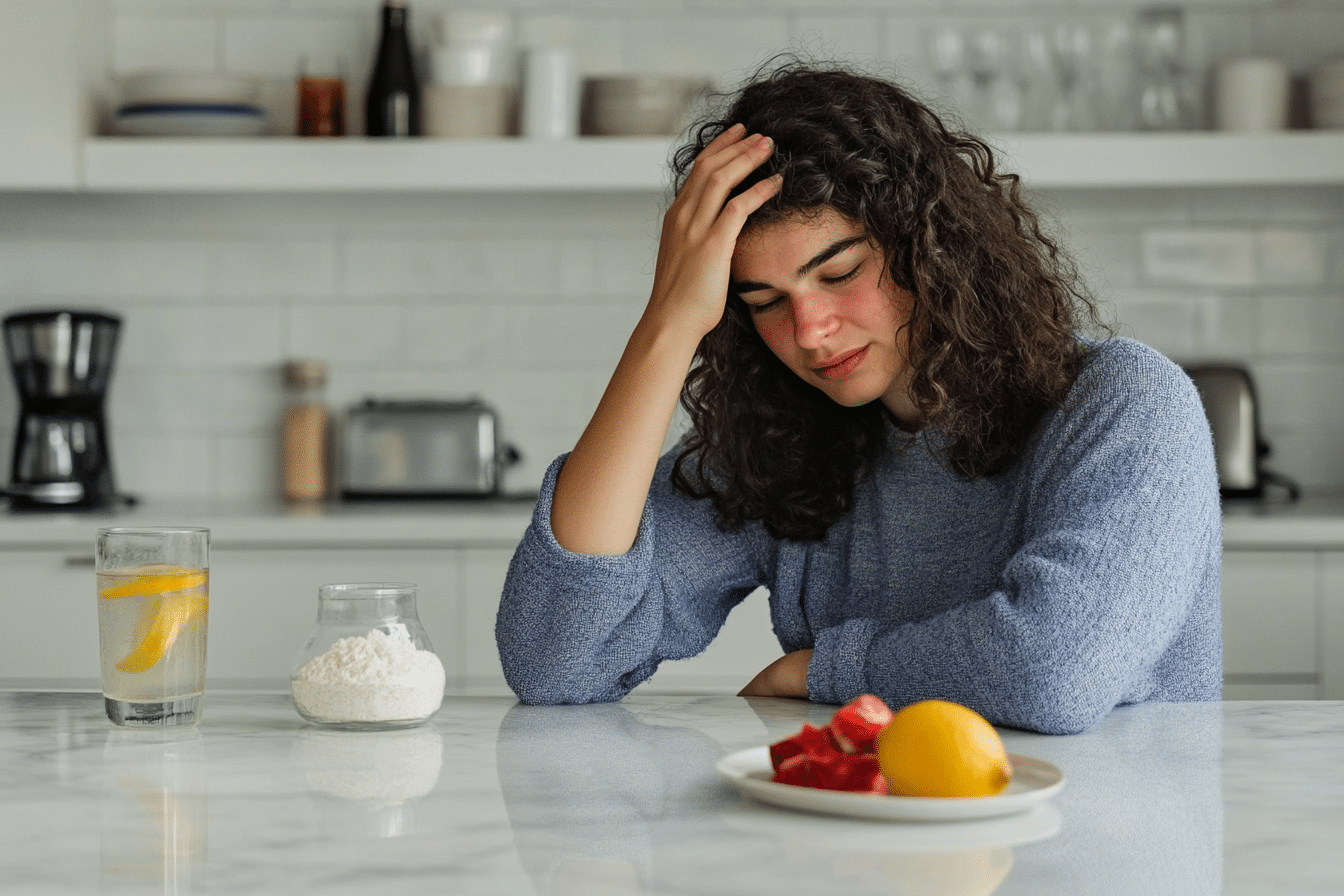 Woman experiencing Zepbound headache in kitchen