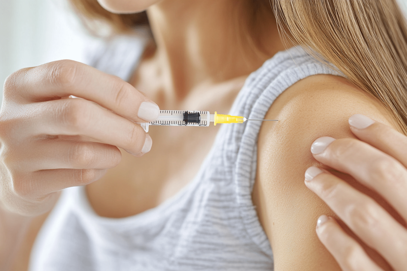 Close-up of a woman self-administering a GLP-1 injection in her upper arm, representing Zepbound usage.