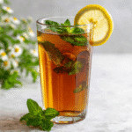 Tall glass of Amish meadow tea with lemon and fresh mint