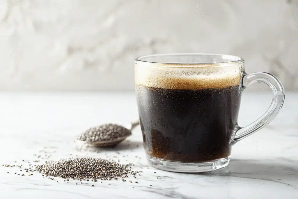 Bariatric seed coffee recipe in clear mug on white marble