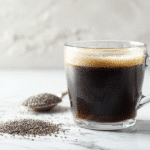 Bariatric seed coffee recipe in clear mug on white marble