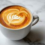 Hot breve coffee with cream swirls in ceramic mug