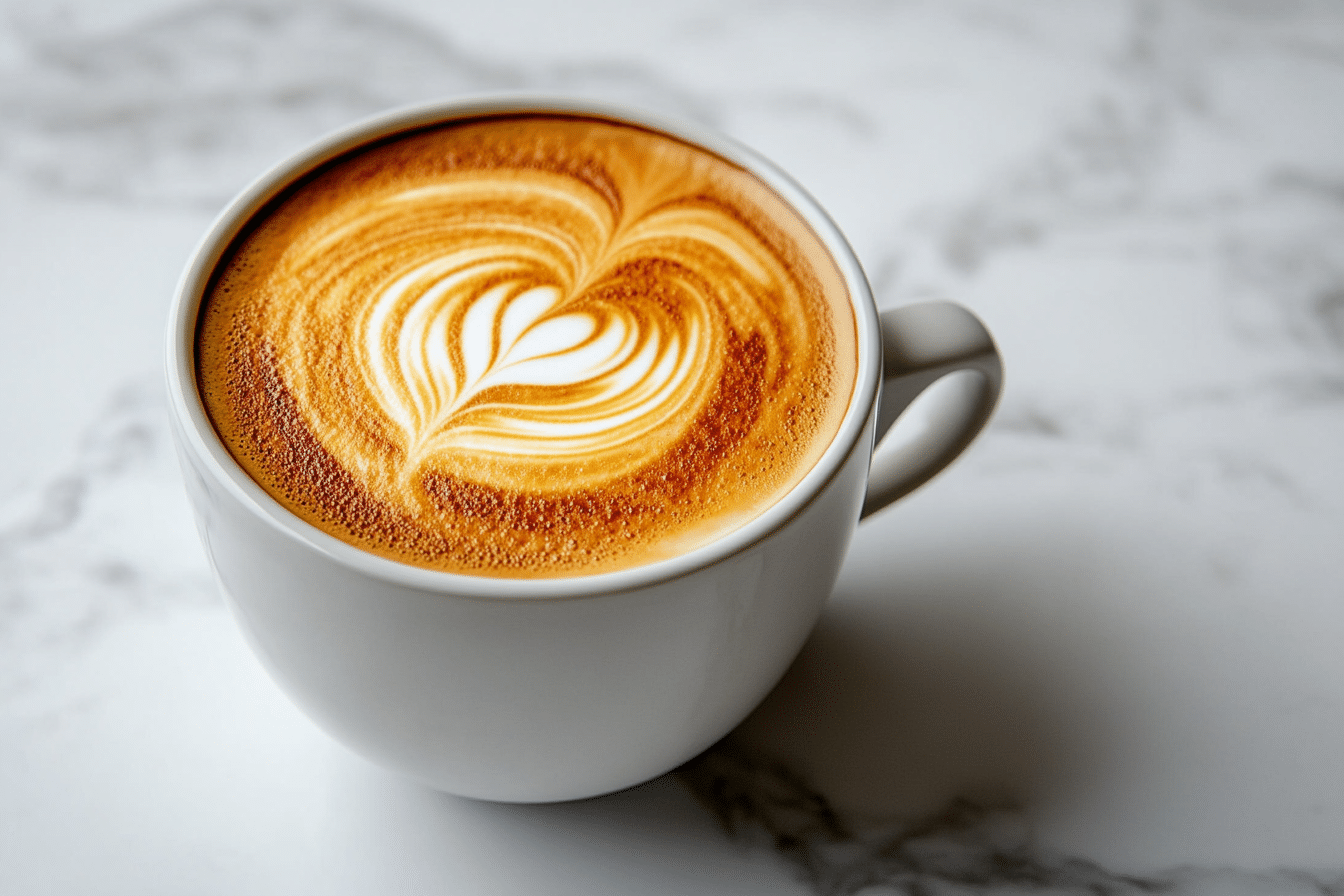 Hot breve coffee with cream swirls in ceramic mug