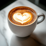 Breve coffee with heart-shaped foam art in white mug