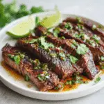 Close-up of slow cooking carne asada with marinade