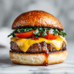 Top view of Joanna Gaines burger and fries recipe