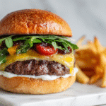 Joanna Gaines burgers and fries recipe with Drip Jam and golden fries