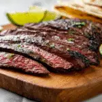 Slow cooking carne asada sliced with lime and tortillas