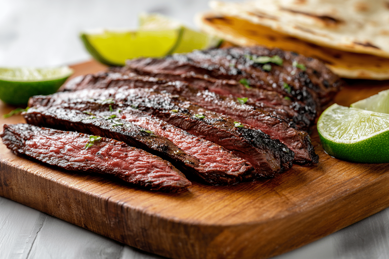 Slow cooking carne asada sliced with lime and tortillas