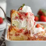 Square view of strawberry earthquake cake serving