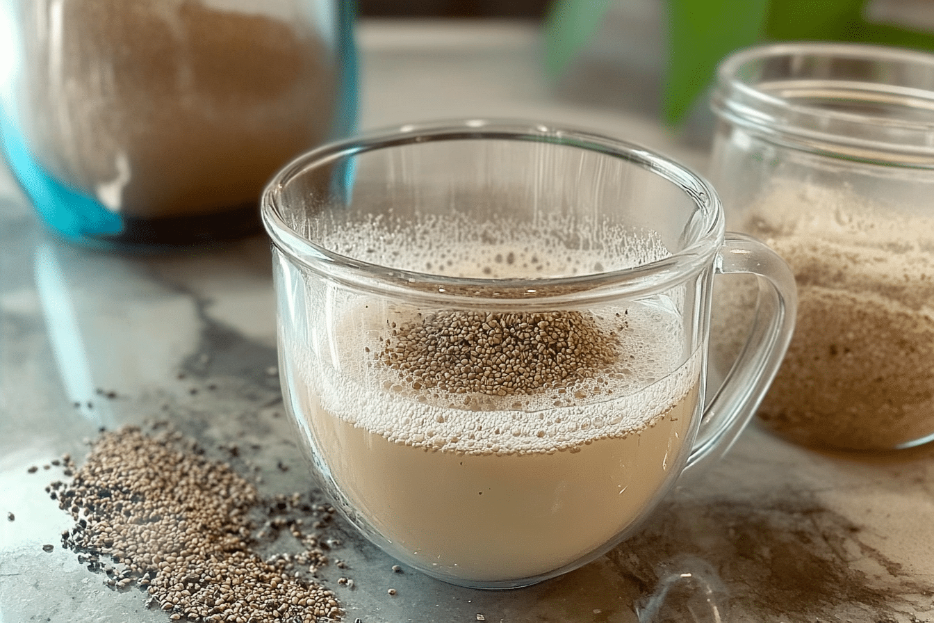 Glass mug filled with bariatric seed trick drink made of chia, fennel, and flax seeds on a kitchen counter.