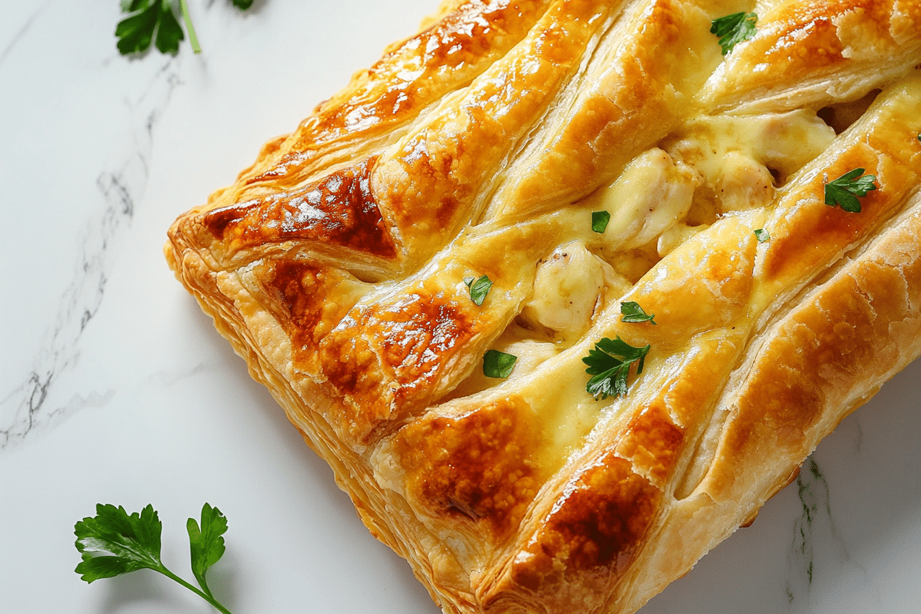 Chicken and cheese jalousie recipe baked in golden puff pastry
