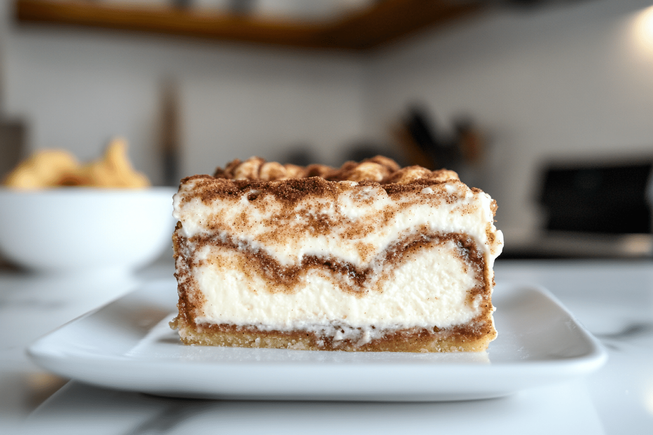 Cinnamon roll honeybun cheesecake on white marble with swirl and glaze