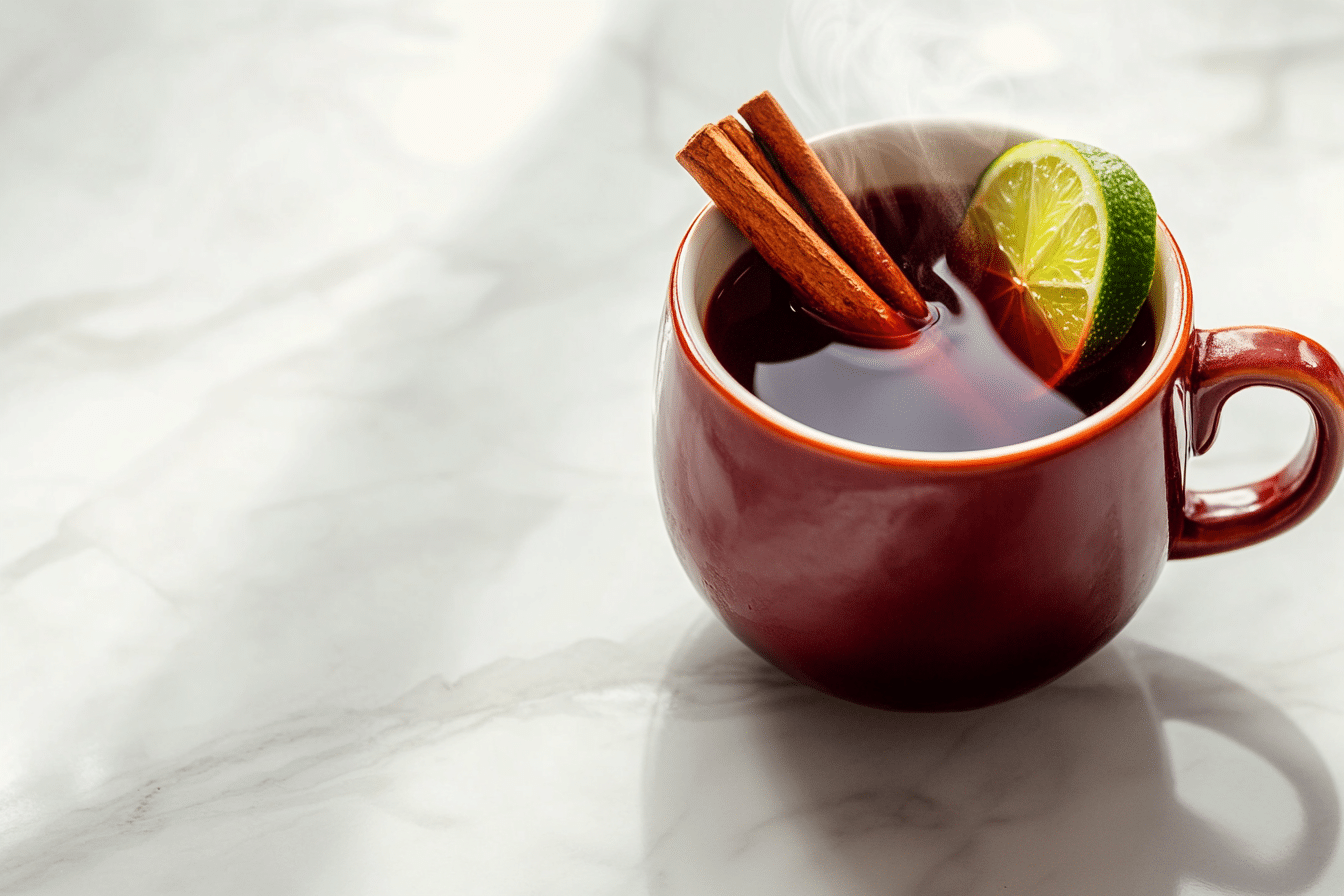 Costa Rican tea recipe for weight loss served hot in a ceramic mug with cinnamon and lime