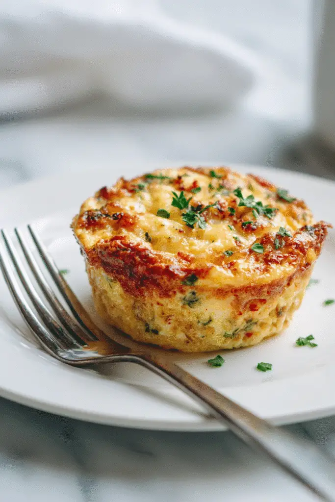 Savory egg muffin on white plate with fork for frozen Wegovy weight loss recipe