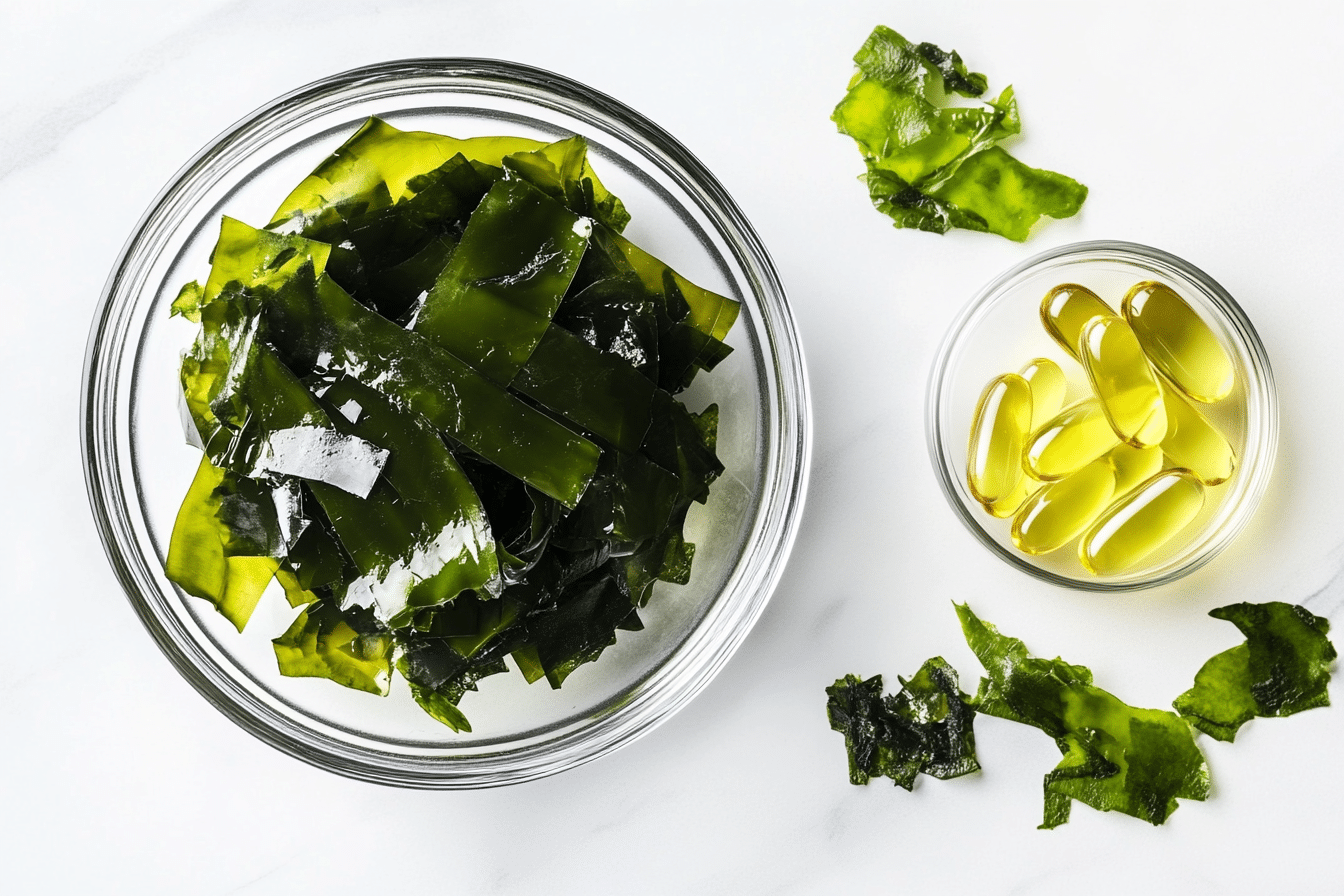 Fucoxanthin benefits shown with seaweed and supplement capsules