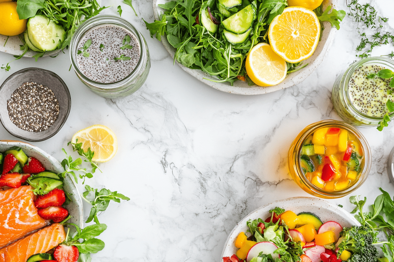 Colorful spread of healthy recipes for weight loss including smoothies, teas, and protein-rich meals on a rustic wooden table