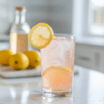 Glass of Himalayan pink salt diet drink with lemon slice on marble counter