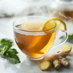 Glass cup of lemon balm tea with lemon slice and ginger root on marble background