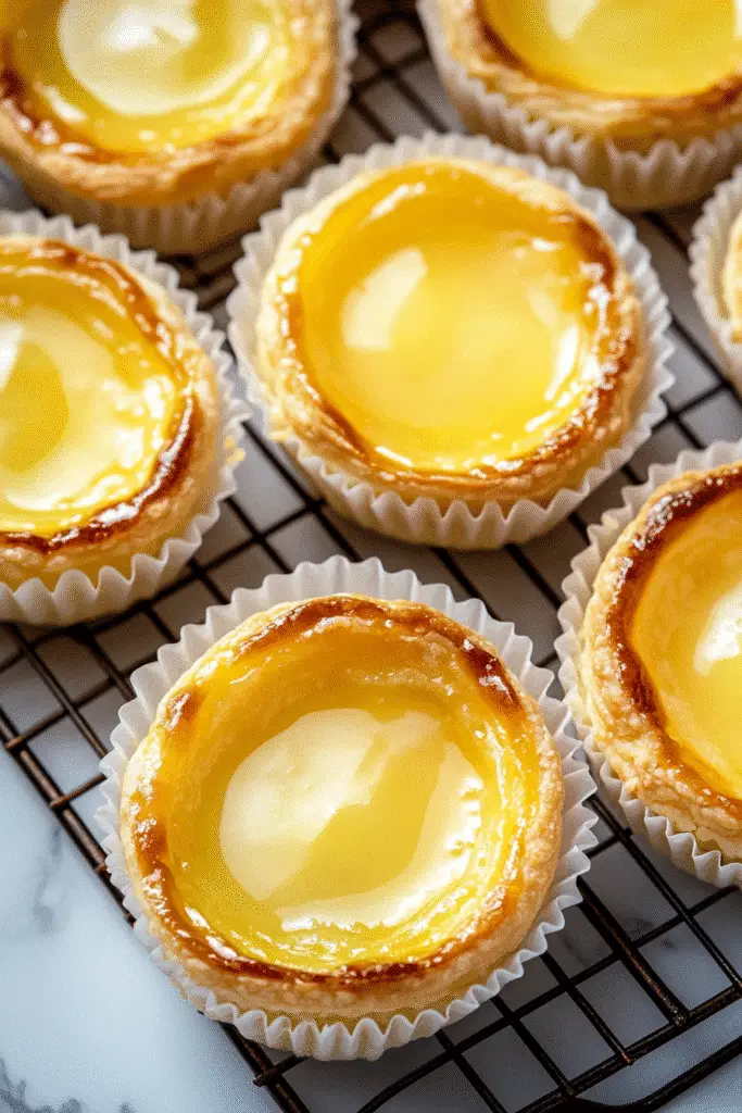 top view of baby lemon impossible pies cooling on rack