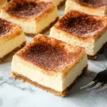 Churro cheesecake square with cinnamon sugar topping