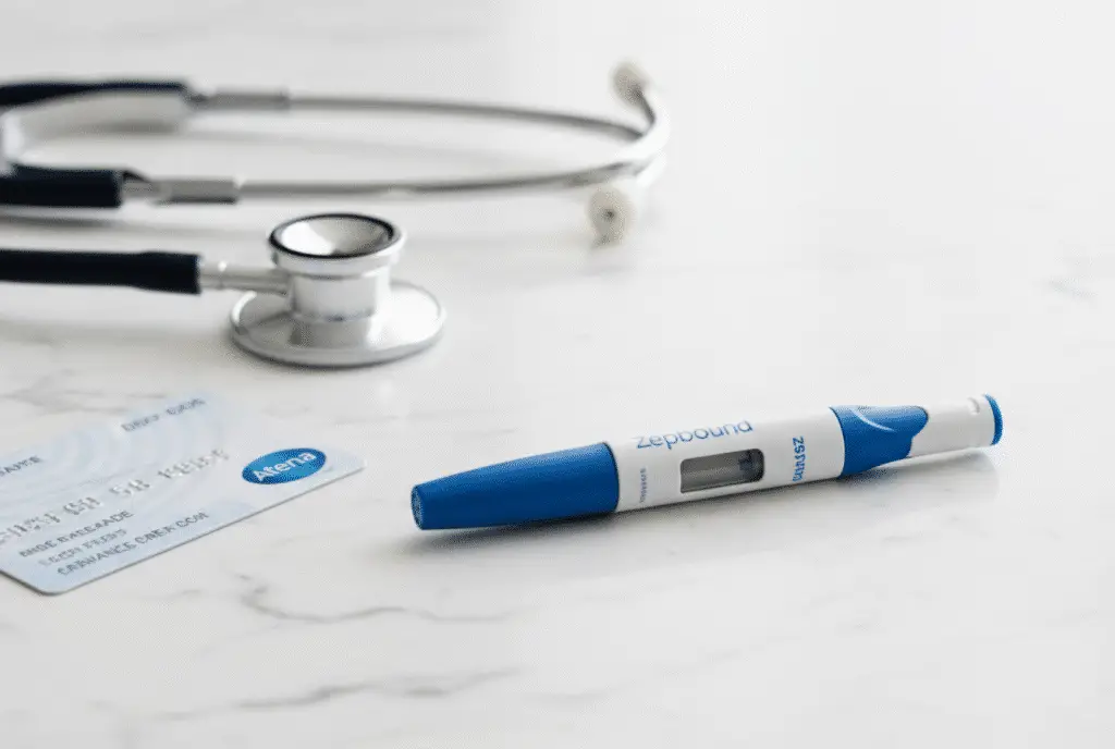 Does Aetna Cover Zepbound? Zepbound injection pen with Aetna card on white marble background