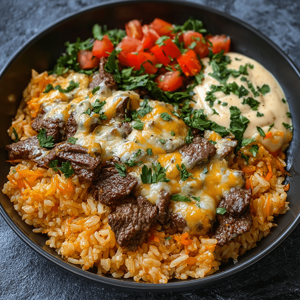 Cheesy Steak Queso Rice Dinner