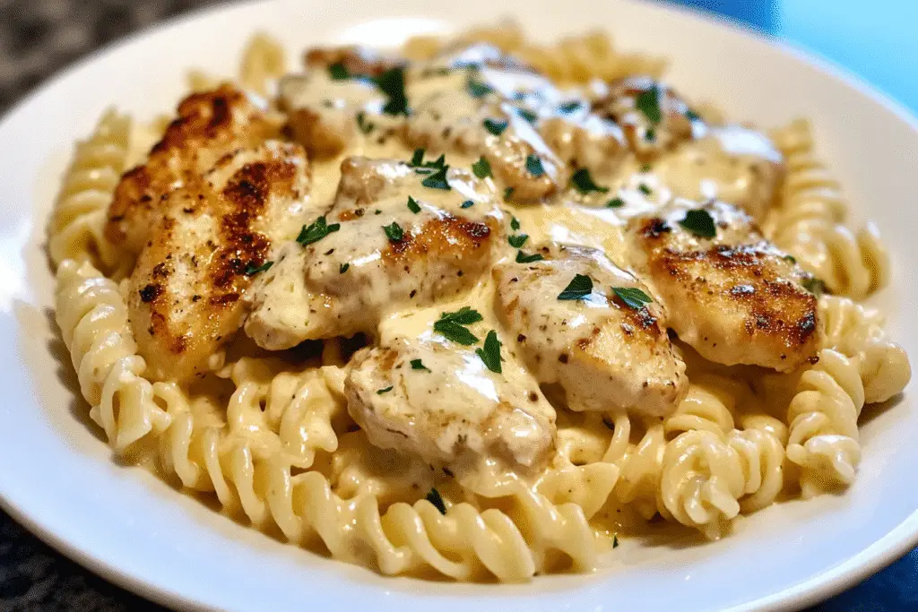 Chicken Rotini Pasta with Mozzarella Garlic Cheese Sauce