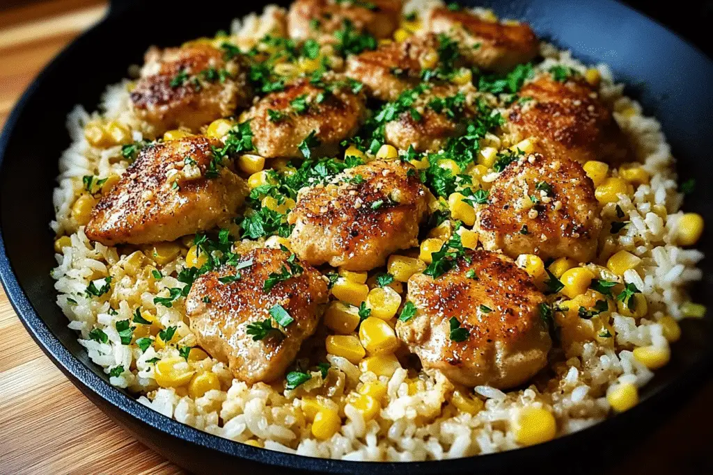 Chicken and Corn Skillet with Garlic Parmesan Rice