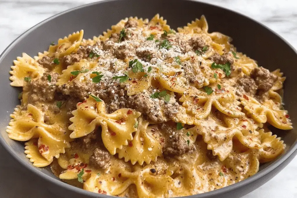 Creamy Parmesan Garlic Beef Bowtie Pasta