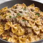 Creamy Parmesan Garlic Beef Bowtie Pasta