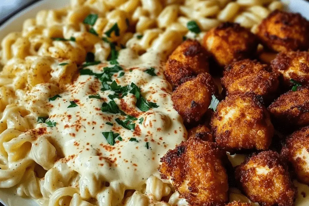 Crispy Chicken Bites over Spiced Alfredo Pasta