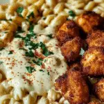 Crispy Chicken Bites over Spiced Alfredo Pasta