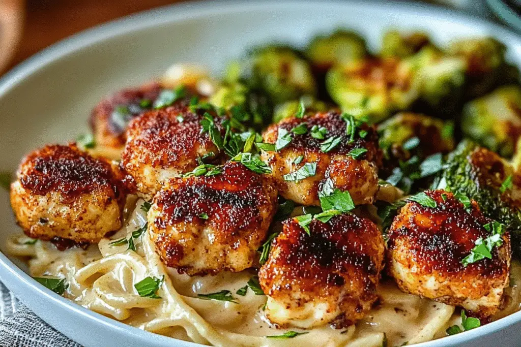 Maple Chicken Bites with Spiced Alfredo and Crispy Brussels