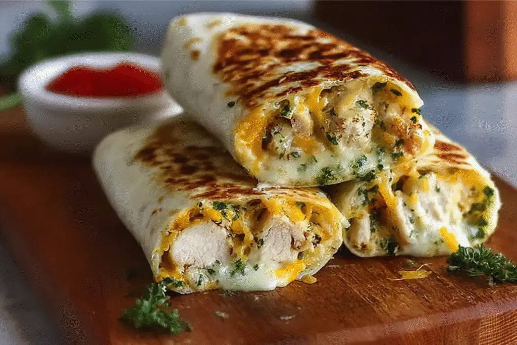 Ooey-Gooey Cheesy Garlic Chicken Wraps