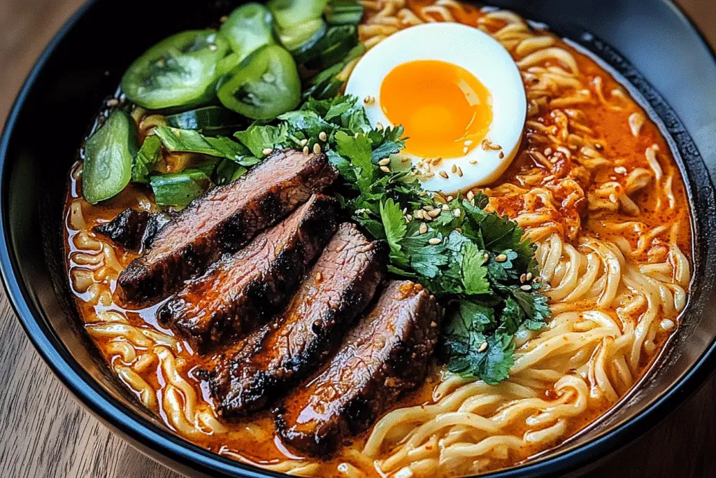 Spicy Korean Ramen with Grilled Beef & Creamy Sauce