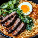 Spicy Korean Ramen with Grilled Beef & Creamy Sauce