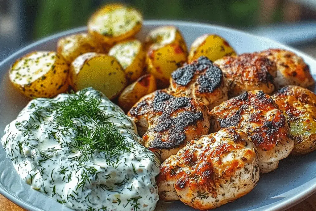 Spicy Yogurt Marinated Chicken with Dill Feta Cream & Crispy Baby Potatoes
