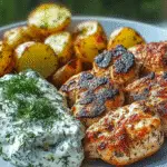Spicy Yogurt Marinated Chicken with Dill Feta Cream & Crispy Baby Potatoes