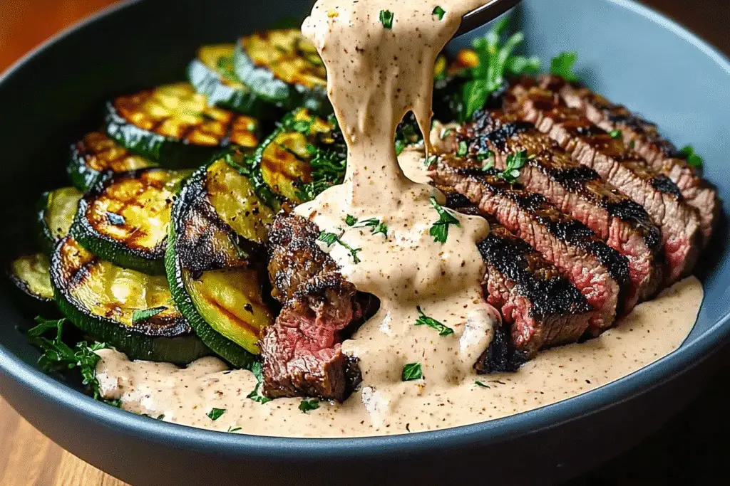 Steak Bowl with Creamy Sauce & Grilled Zucchini